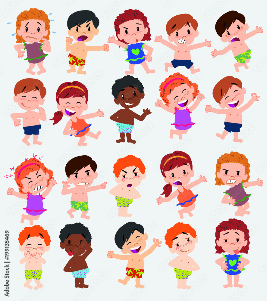 Cartoon character boys and girls in a swimsuit. Set with different postures, attitudes and poses, doing different activities. Vector illustrations. Cartoon character boys and girls in a swimsuit. Set with different postures, attitudes and poses, doing different activities. Vector illustrations.