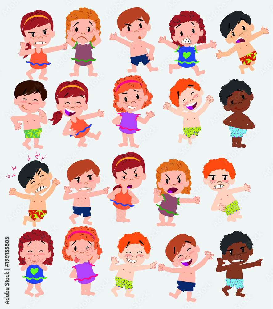 Cartoon character boys and girls in a swimsuit. Set with different postures, attitudes and poses, doing different activities. Vector illustrations. Cartoon character boys and girls in a swimsuit. Set with different postures, attitudes and poses, doing different activities. Vector illustrations.