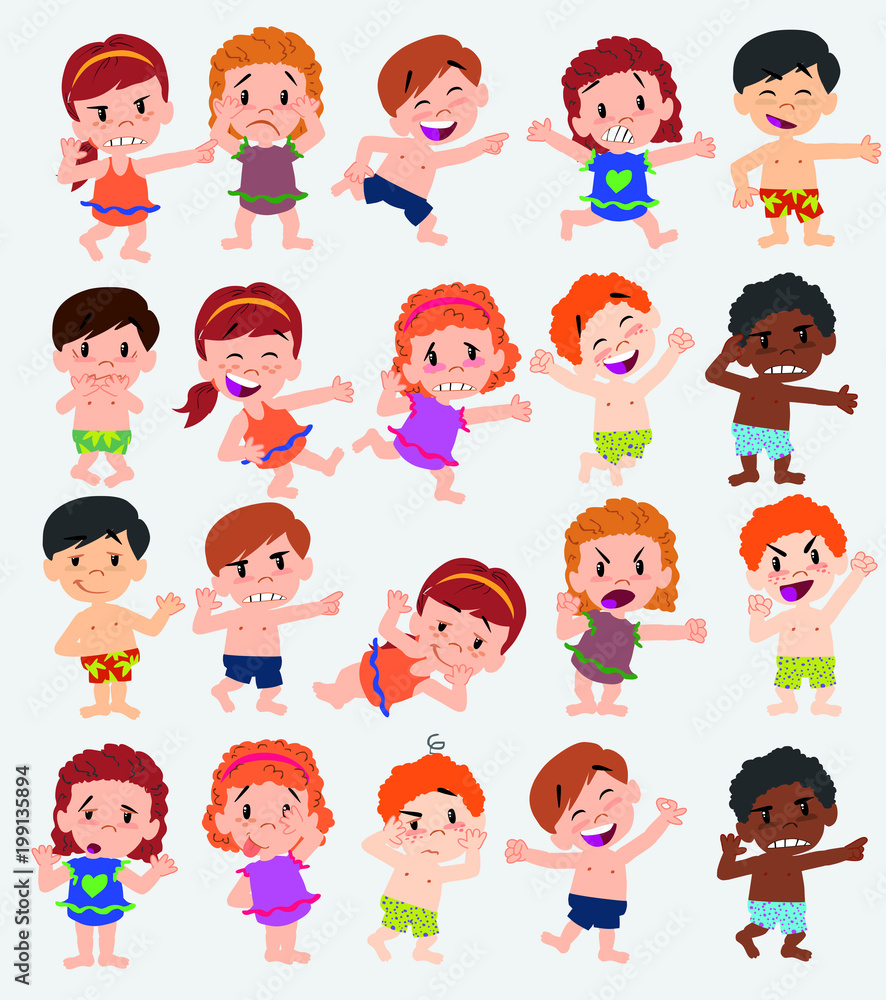 Cartoon character boys and girls in a swimsuit. Set with different postures, attitudes and poses, doing different activities. Vector illustrations. Cartoon character boys and girls in a swimsuit. Set with different postures, attitudes and poses, doing different activities. Vector illustrations.