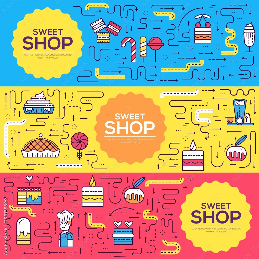 Fototapeta premium Thin line happy people baking brochure cards set. Decorating cakes template of flyear, magazines, poster, book cover, banners. Outline confectionery shop invitation concept
