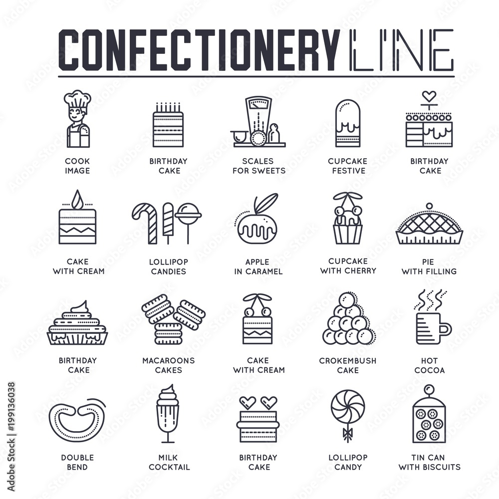 Happy people baking and decorating cakes in confectionery shop outline concept.  Confectioners making sweets thin line vector illustration design
