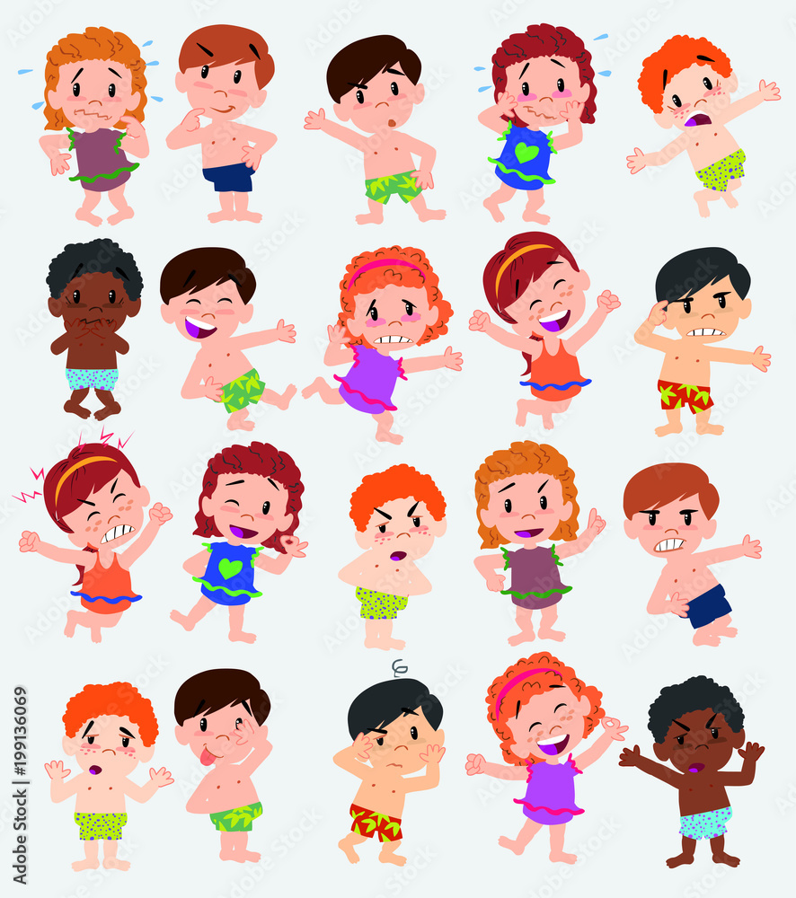 Cartoon character boys and girls in a swimsuit. Set with different postures, attitudes and poses, doing different activities. Vector illustrations. Cartoon character boys and girls in a swimsuit. Set with different postures, attitudes and poses, doing different activities. Vector illustrations.