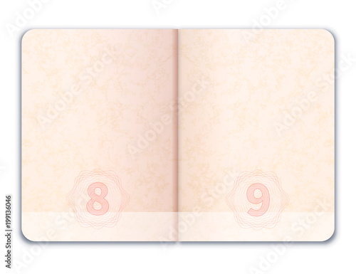 Blank realistic open foreign passport on white