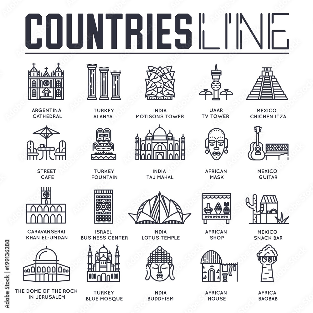 Country travel collextion set. Set of architecture, fashion, people, item, nature background concept. Infographic traditional ethnic flat, outline, thin line icon 
