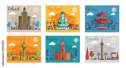 Set of different cities for travel destinations. landmarks banner template of flyer, magazines, posters, book cover, banners. Layout workplace technology flat illustrations modern pages