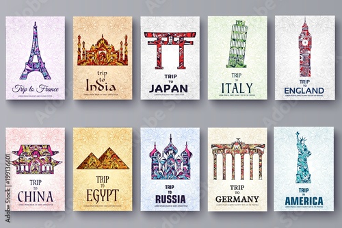 set of art ornamental travel and architecture on ethnic floral style flyers. Vector decorative card. Historical monuments of France, India, Japan, China, Egypt, Russia, England, Italy, USA, Germany