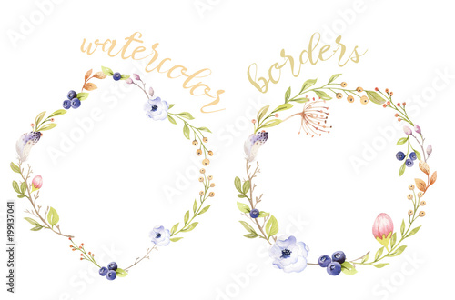 Watercolor boho floral wreath. Bohemian natural frame  leaves  feathers  flowers  Isolated on white background. Artistic decoration illustration. Save the date  logo  weddign design