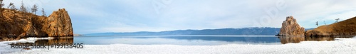 Baikal Lake. Small Sea Strait. Olkhon Island. Panorama of the Khuzhirskiy Bay from Cape Tataiskiy (Bogatyr Rock) to Cape Burkhan (Shamanka Rock) Khuzhir Village