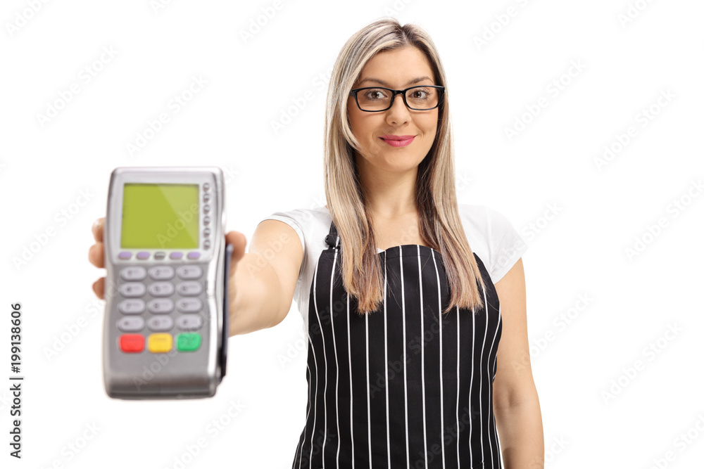 Waitress giving a payment terminal Waitress giving a payment terminal