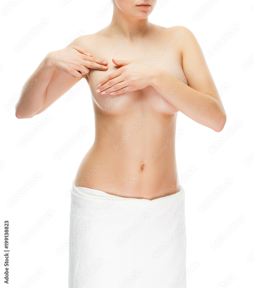 Fototapeta premium Woman examining breast isolated on white background