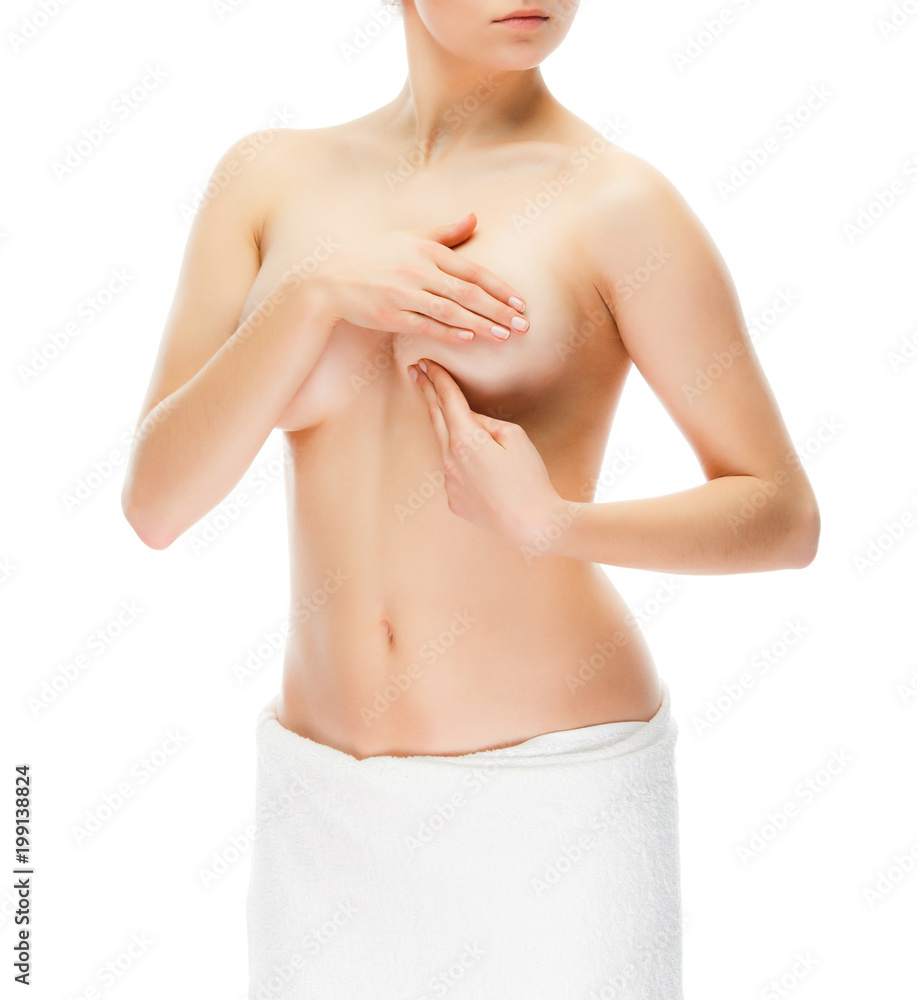 Fototapeta premium Woman examining breast isolated on white background