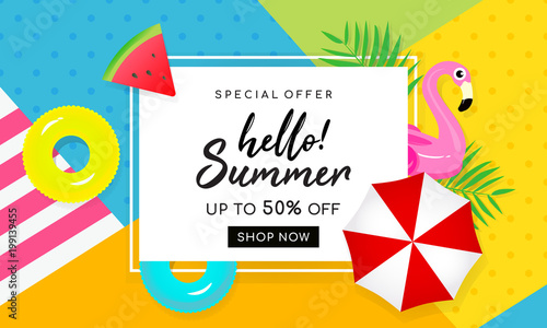 Summer sale banner vector illustration. Beach umbrella with summer element on colorful background.