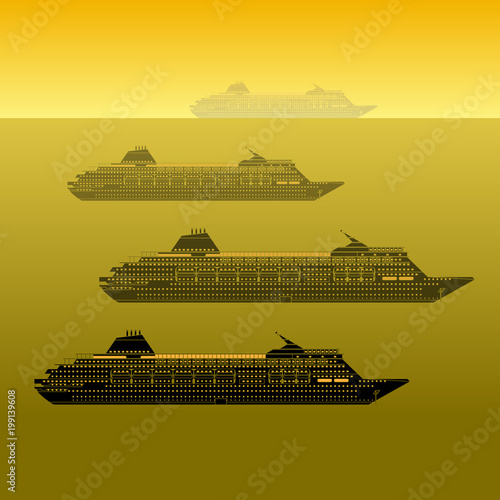 Silhouettes of ships at the sea. Vector illustration of a marine transport passenger ships group on a sunset background.
