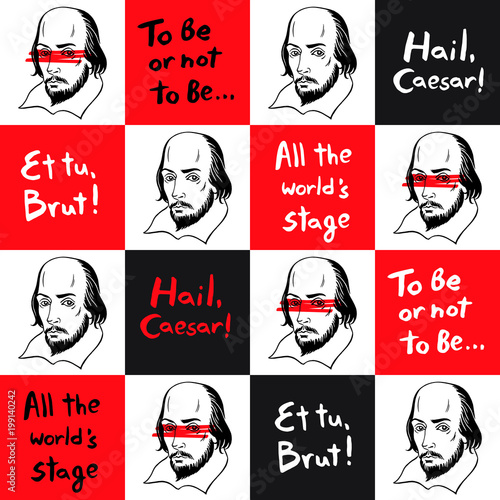 Seamless vector pattern with Shakespeare portrait and famous writer's citations. Geometrical, literary background. Shakespeare illustration with quotes from author's plays. Chessboard texture.
