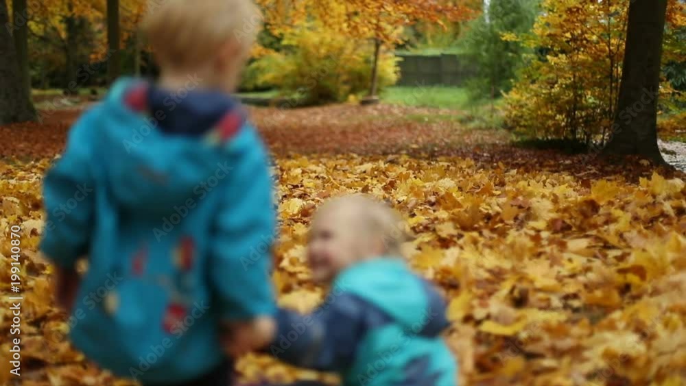 Upset Boy and Happy Girl in Playing Autumn Foliage Upset Boy and Happy Girl in Playing Autumn Foliage