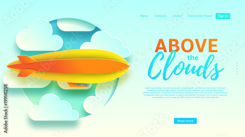 Above the clouds web banner. Beautiful background with clouds and airship in paper art style. Vector illustration for design of tourist company.