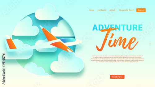 Adventure time web banner. Beautiful background with clouds and glider in paper art style. Vector illustration for design of tourist company.