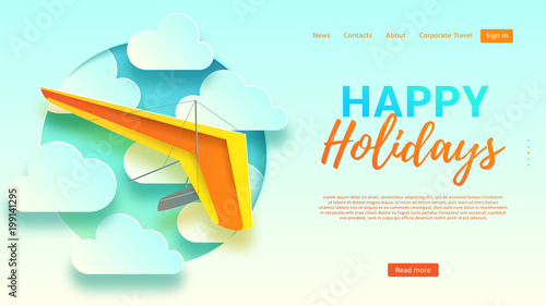 Happy holidays web banner. Beautiful background with clouds and hang glider in paper art style. Vector illustration for design of tourist company.