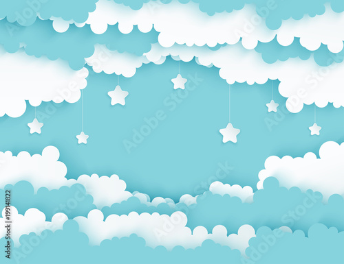 Modern paper art clouds with stars. Cute cartoon sky with fluffy clouds in pastel colors. Cloudy weather. Origami style