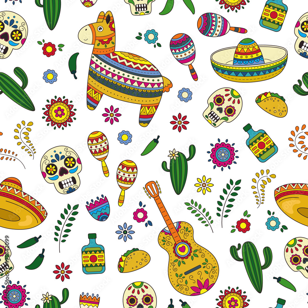 Cinco de Mayo celebration in Mexico. Cartoon doodle collection objects for Cinco de Mayo parade with pinata, maracas, sambrero, tequila, tacos, cactus, skull, flag. Vector seamless pattern, texture