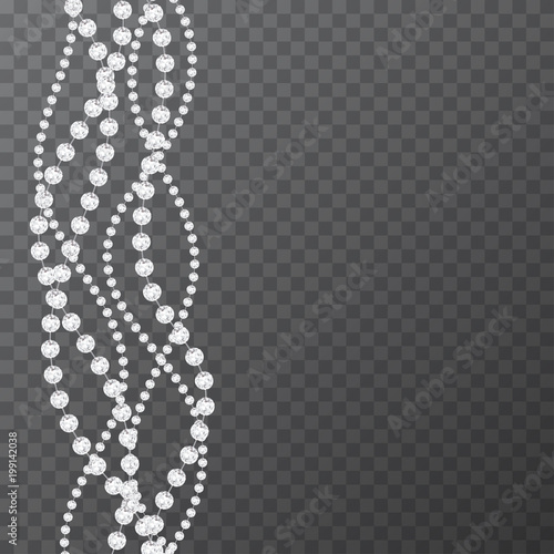 Diamond sparkling beads. Shining precious gems chain. Round shape. Modern jewelery background