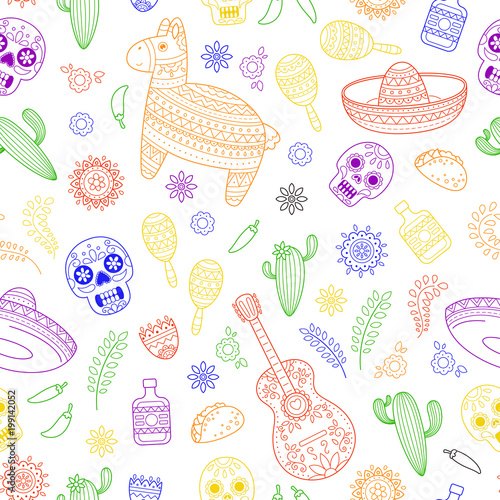Cinco de Mayo celebration in Mexico. Cartoon doodle collection objects for Cinco de Mayo parade with pinata, maracas, sambrero, tequila, tacos, cactus, skull, flag. Vector seamless pattern, texture