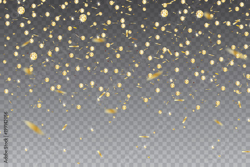 Shiny golden diamond gems, falling shiny confetti glitters. Holiday decorative tinsel elements