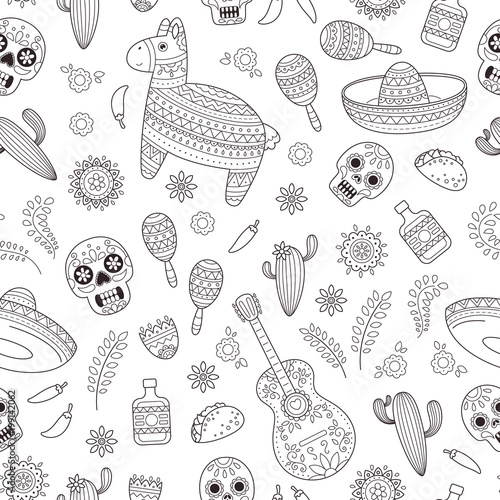 Cinco de Mayo celebration in Mexico. Cartoon doodle collection objects for Cinco de Mayo parade with pinata, maracas, sambrero, tequila, tacos, cactus, skull, flag. Vector seamless pattern, texture