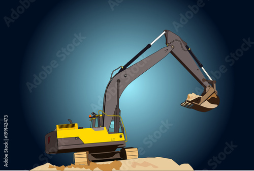 A large construction excavator of yellow color on the construction site in a quarry for quarrying
