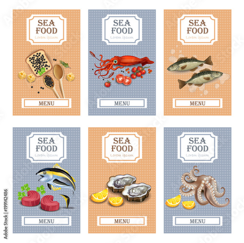Sea food menu cards Vector realistic. Layout Template with oysters, tuna fish, octopus and caviars