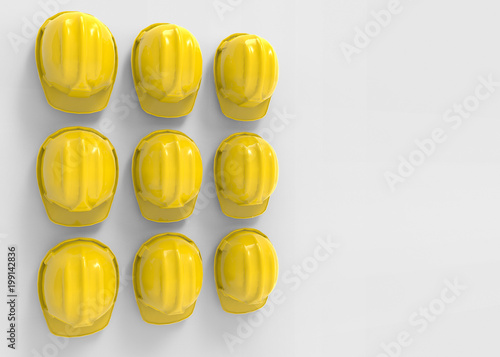 3d rendering. Perspective view of A group of safty helmet hat hanging on copy space gray wall background.