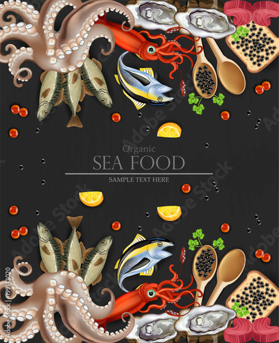 Tuna fish, caviar, squid, oysters and octopus seafood collection banner. Template, layout, flyer Vector realistic detailed illustrations