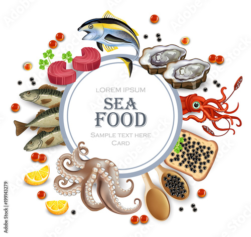 Tuna fish, caviar, squid, oysters and octopus seafood round banner frame. Tem...