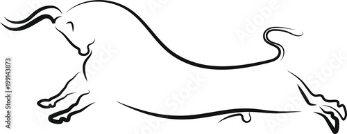 A linear black bouncing bull on an isolated white background. It is based on a fresco from the Knossos palace of ancient Greece.