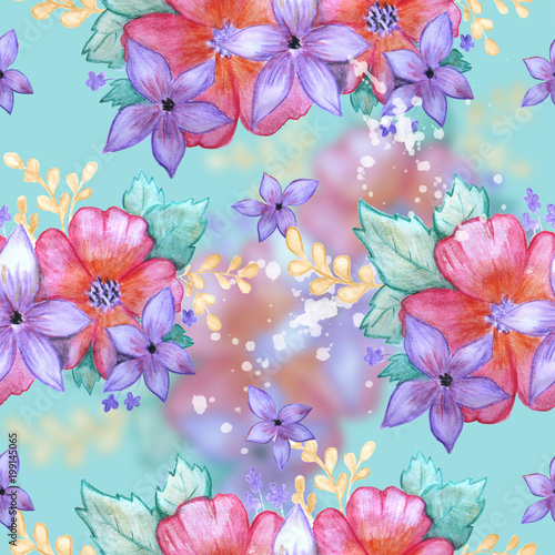 Seamless watercolor floral pattern on turquoise background