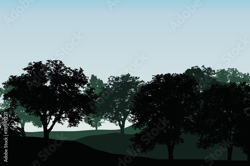 Green deciduous forest or orchard between hills under blue clear sky