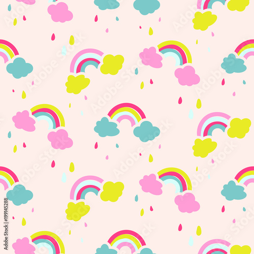 Rainbow and clouds cute baby seamless vector pattern.