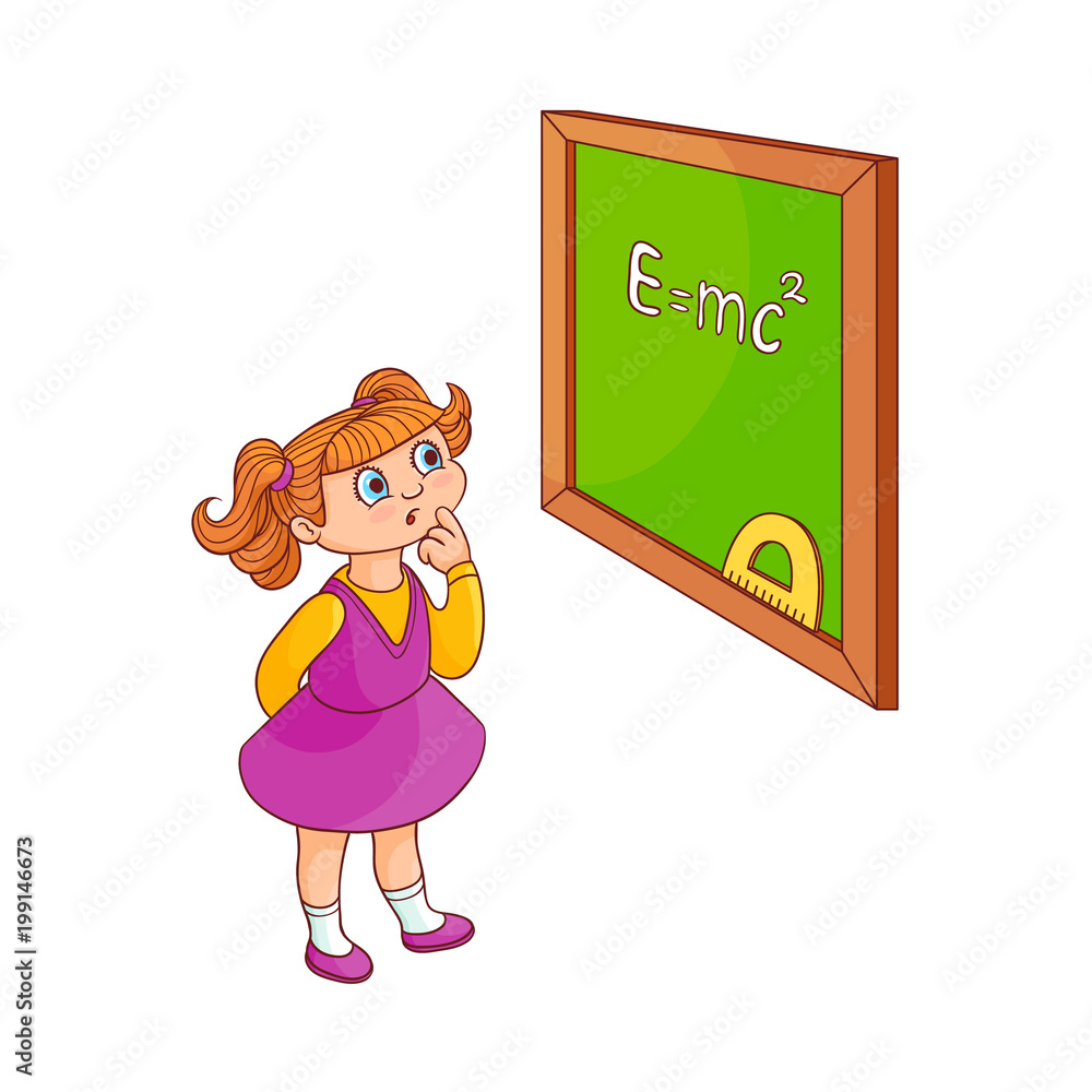 School girl near blackboard isolated on white background cute little