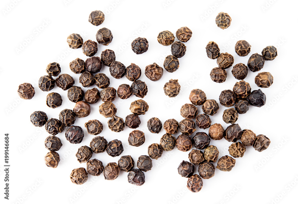 Black pepper. Peppercorns isolated on white. Macro. Top view. Black pepper. Peppercorns isolated on white. Macro. Top view.