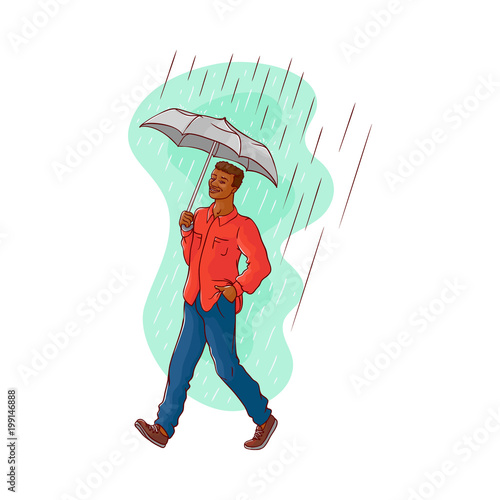 Vector sketch cartoon young african black man walking holding umbrella under rain smiling in shirt, jeans. Happy male character at rainy summer weather isolated illustration white background