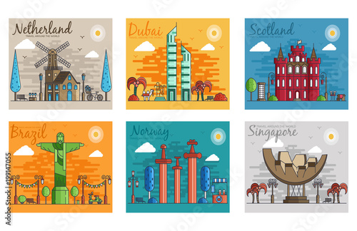 Set of different cities for travel destinations. landmarks banner template of flyer, magazines, posters, book cover, banners. Layout workplace technology flat illustrations modern pages
