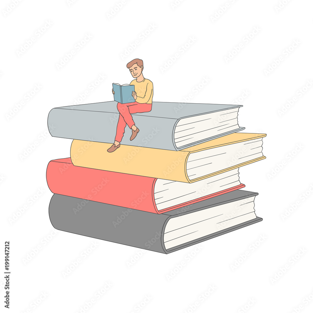 Vector hand drawn adult smiling man in casual clothing sitting at pile of books reading textbook. Isolated illustration white background. Education, library related design element Vector hand drawn adult smiling man in casual clothing sitting at pile of books reading textbook. Isolated illustration white background. Education, library related design element