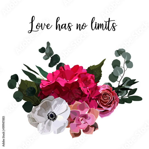 Floral wedding invitation card with hydrangea, rose,anemone,succulent,eucalypyus leaves in watercolor style.Greenery botanical template with text place for invite, greeting and covers, poligraphy