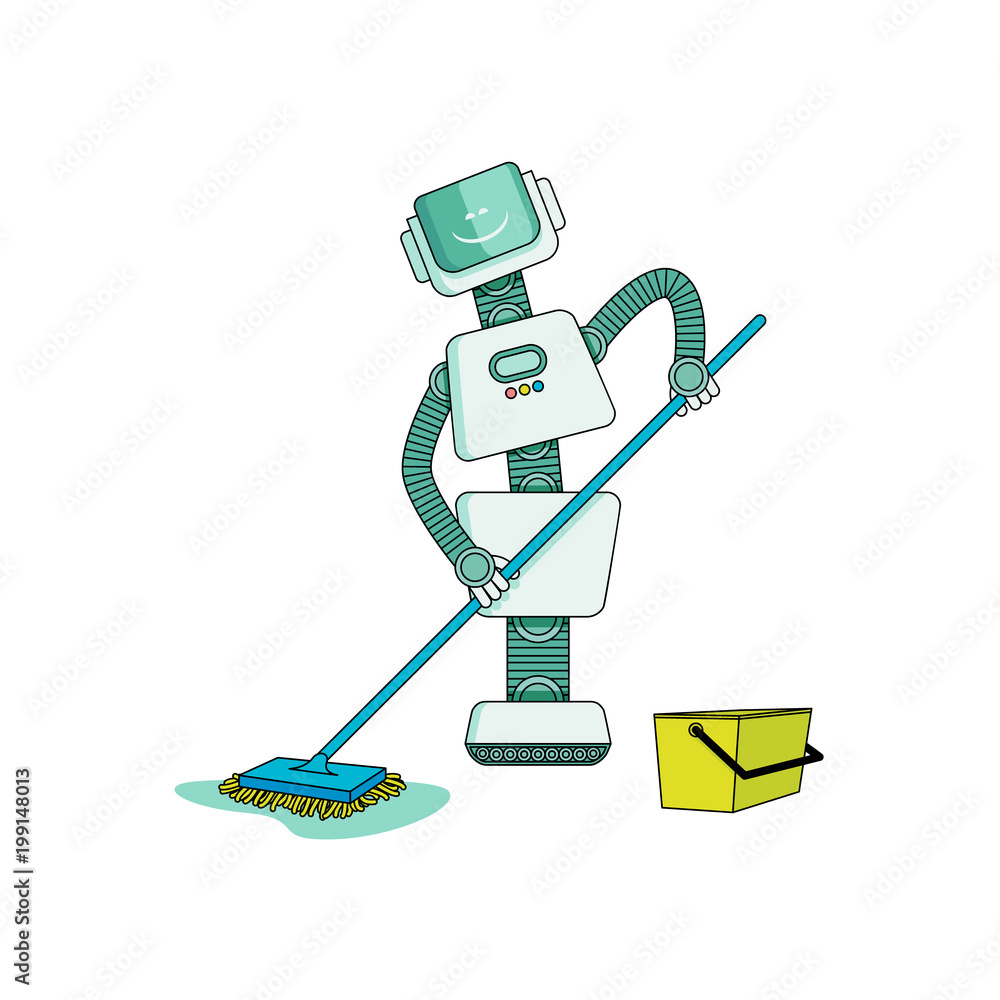 Robot doing housework on cleaning home washing floor with wet mop