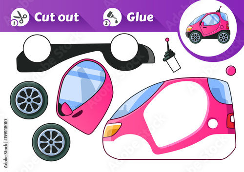 Cut and Glue is an educational game for kids. Pink Urban Tiny Car Side View.
