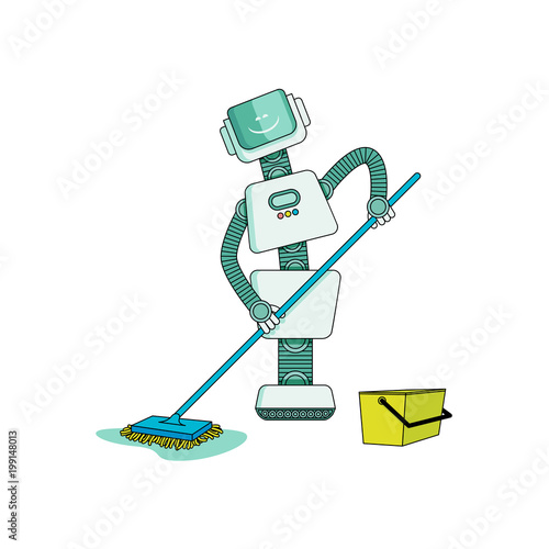 Robot doing housework on cleaning home - washing floor with wet mop isolated on white background. Cartoon character of robotic artificial intelligence housekeeper . Vector illustration.