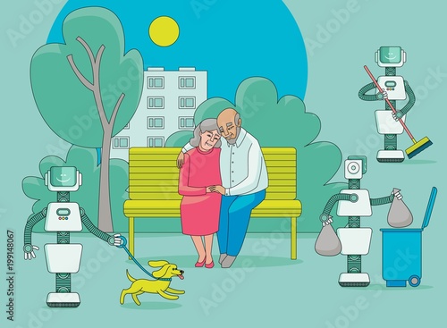 Robots do housework - take garbage out, walk dog, sweep and happy elder couple sit together on a park bench and do nothing, flat cartoon vector illustration. Robots free people from routine housework