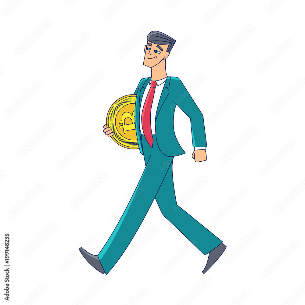 Vector flat bitcoin, mining concept. Male character, happy businessman in suit, miner walking holding big golden coin. Isolated illustration on a white background