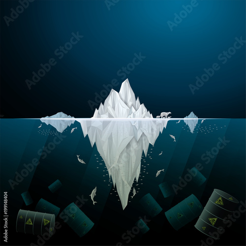 Vector and illustration of graphic style,Antarctic iceberg in the ocean and Marine pollution, hazardous chemicals, Environmental impact , Concept for presentation for you,EPS10.