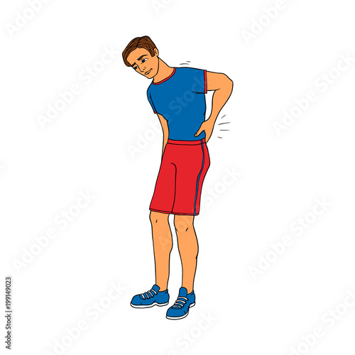 Young man with backache touching his lower back because of pain isolated on white background. Hand drawn cartoon character of guy in sportswear with lumbago symptom. Vector illustration.